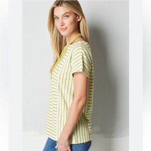 🦋 J. Jill White Green Neon Striped Short Sleeve Blouse XL Button Back Casual